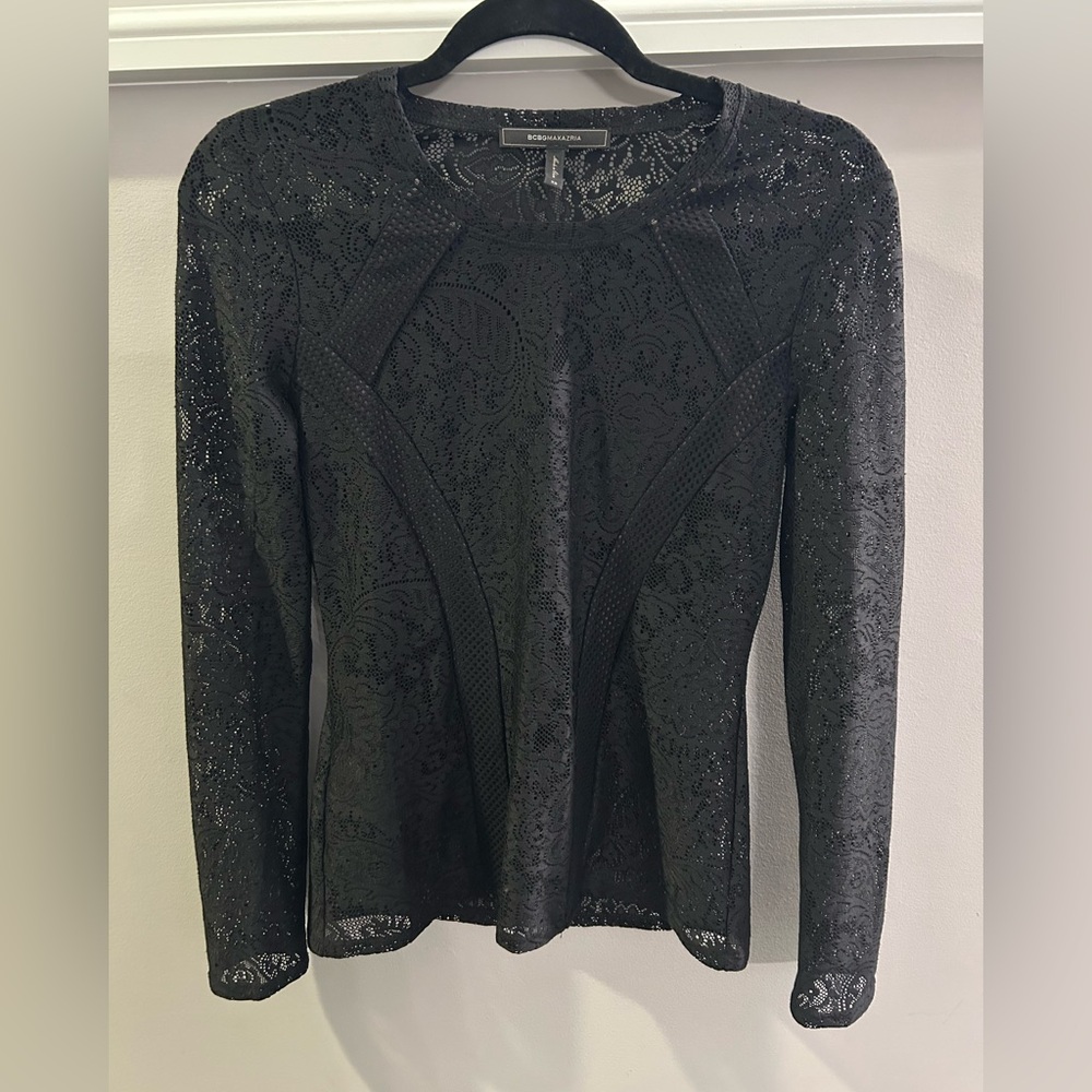 BCBG Maxazria black lace sheer shirt